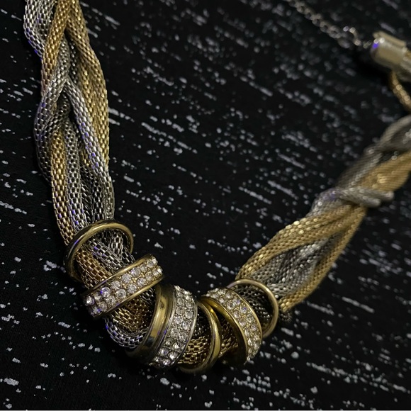 Multi Tone Twisted Mesh Necklace + Rhinestone Rings | Gold | Silver | Gunmetal - Picture 2 of 6